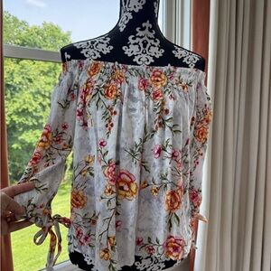 One Clothing Orange Green Floral Off-Shoulder Blouse